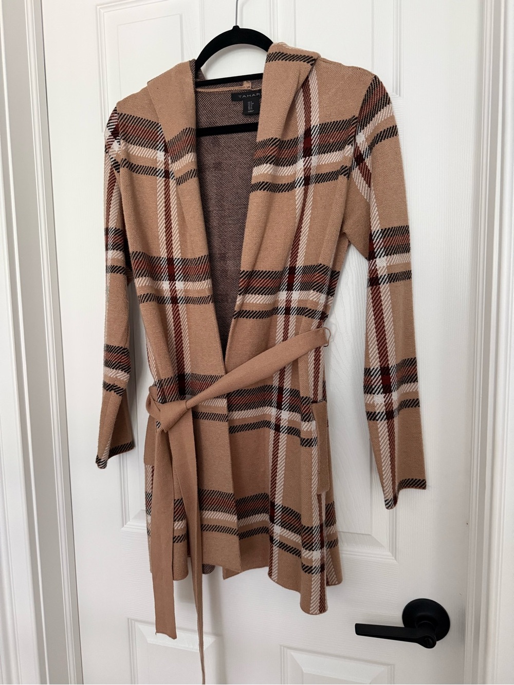 Tahari Tan Plaid Hooded Belted Cardigan Sweater - Picture 4 of 5